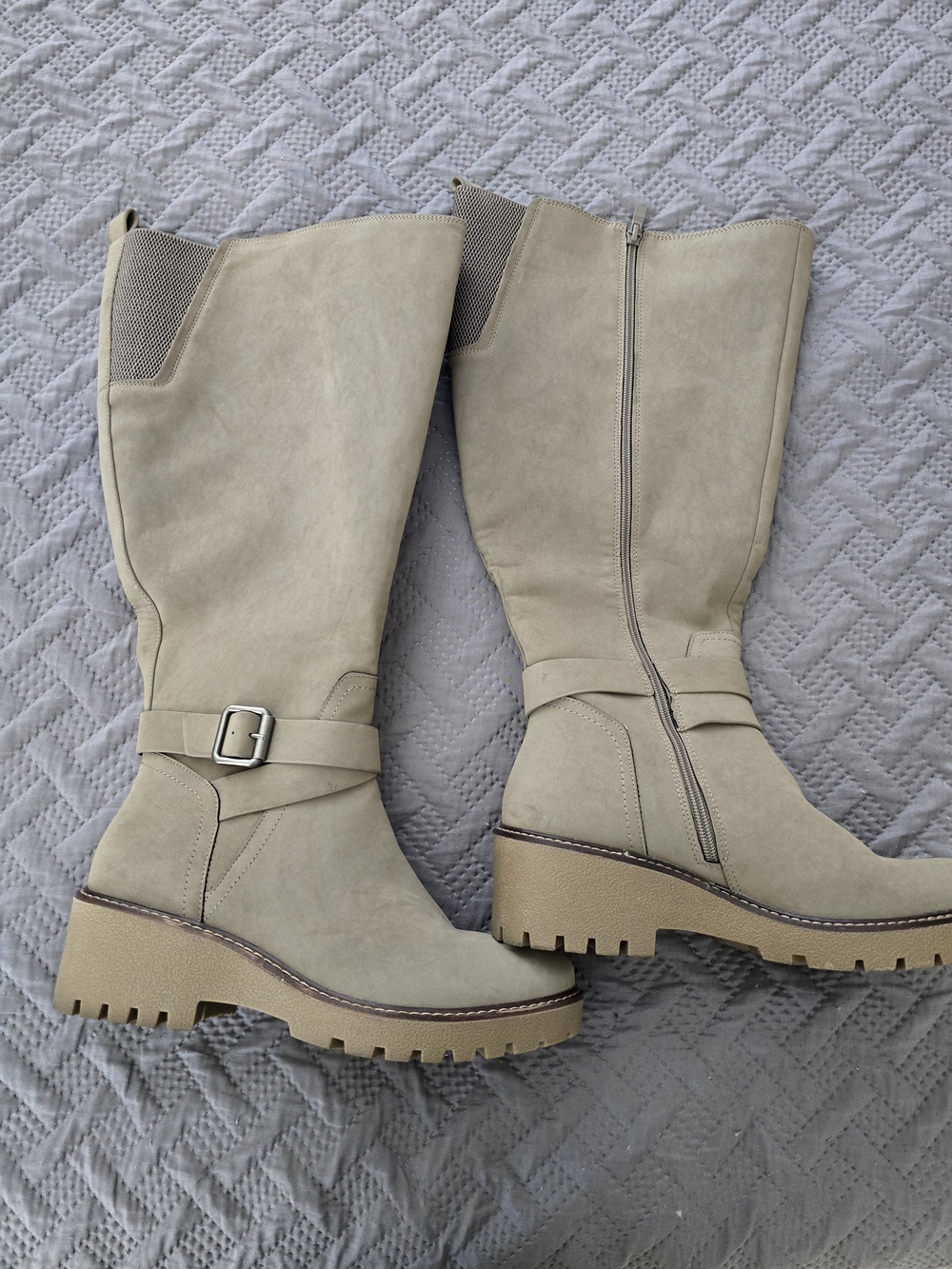 Women's Knee-High Buckle Strap Boots Wide Calf - Beige 9.5ww